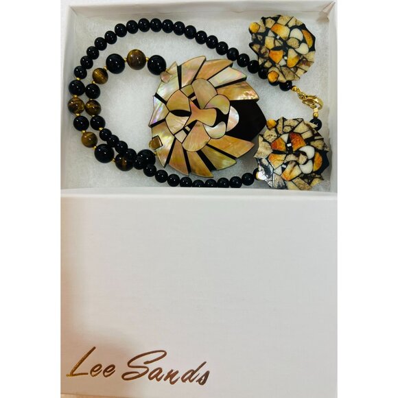 Lee Sands MOP Abalone Mosaic Lion Necklace Earrings Set on Onyx Tigers Eye Beads - Picture 3 of 8